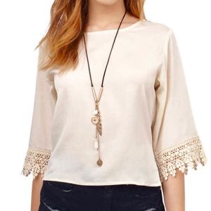 Ivory Silk Blouse with Crochet Lace Trim Sleeves